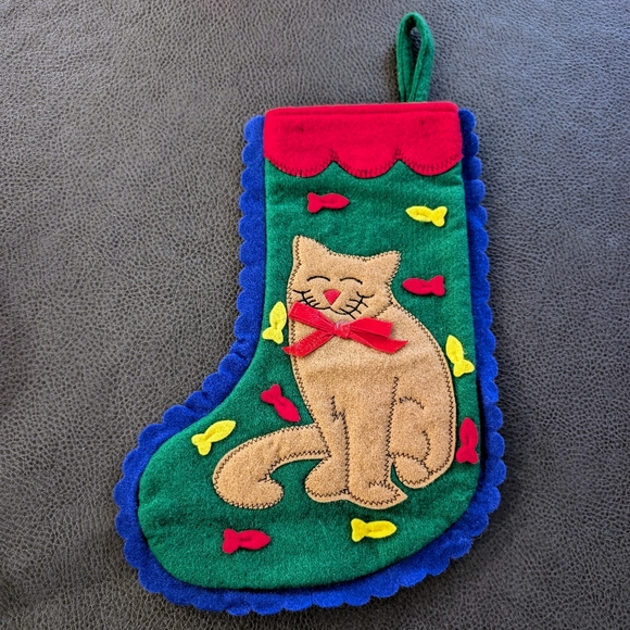 Quilted Cat Christmas Stocking Cat With Fish Felt Smiling Cat Pet Stocking - Picture 1 of 8